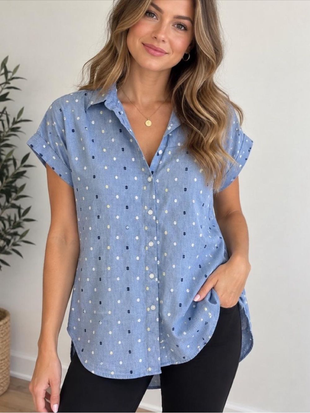 LOFT Light Blue Chambray Polka Dot Short-Sleeve Button-Down Top Sz XL